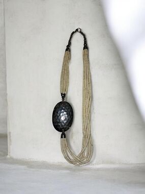 Vtg 1960s Ethnic Multistrand African Tribal Bone Hammered Metal Asymm Necklace 